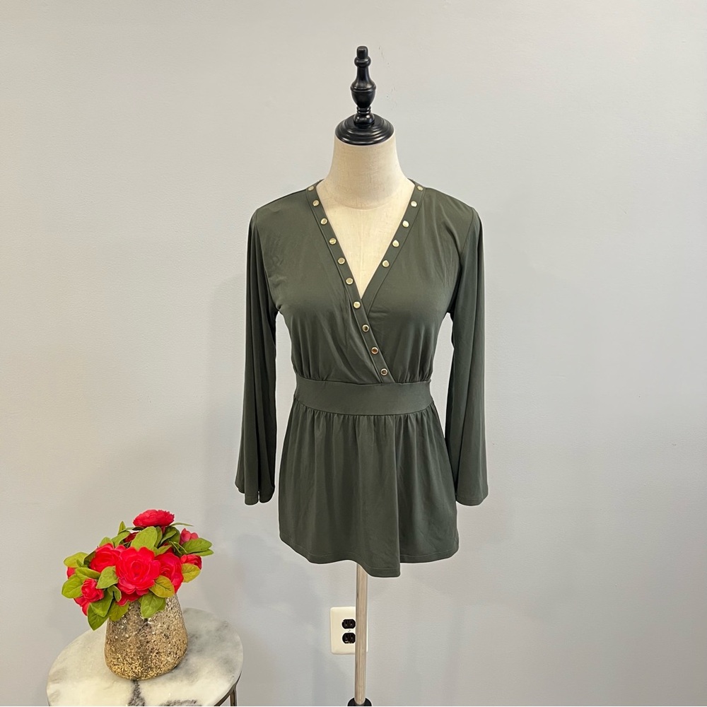 Classic Elegant Unbranded Olive Green Faux Wrap V Neck Top With Gold Studs